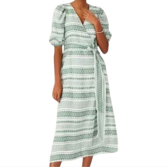 Ann Taylor White Green Floral Stripe Puff Sleeve Wrap Dress W/Belt Women's 2 EUC - Picture 1 of 12